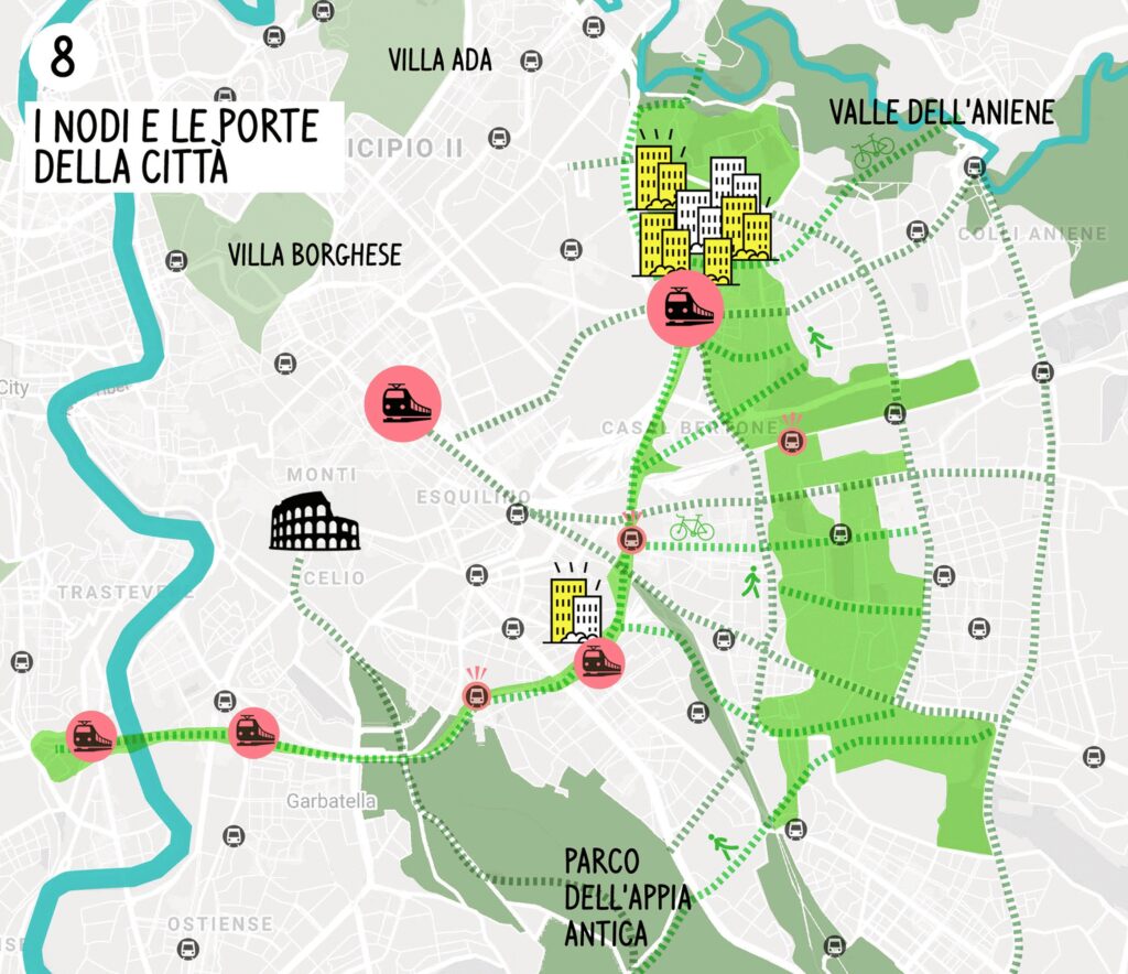 Fig. 06. Anello verde, relazioni tra sistema di trasporto, città e paesaggi, una idea di accessibilità e prossimità.