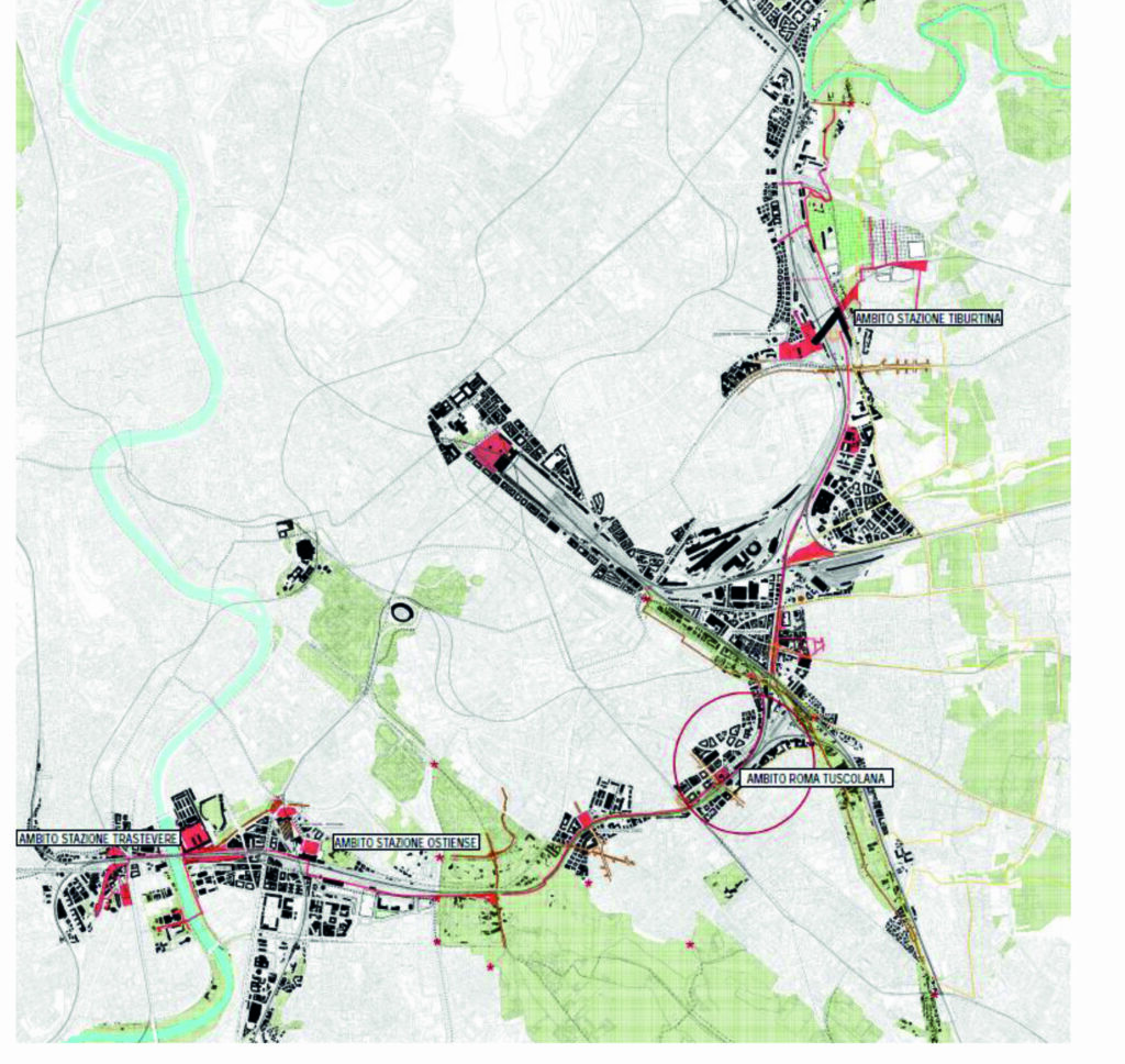 Fig. 09. Anello Verde, sistema ambientale e anello ferroviario. Schema di programma per la realizzazione dell'accessibilità ai nodi lungo l’anello ferroviario garantendo le connessioni con il sistema ambientale e con gli spazi pubblici urbani. (Elaborazione Assessorato Urbanistica, arch. Giorgio Pulcini).