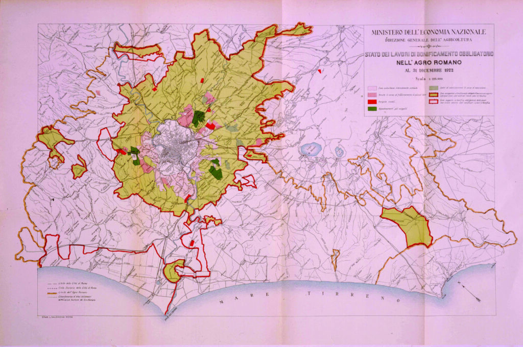 Fig. 1. Stato dei lavori di bonificamento obbligatorio nell’Agro Romano al 31 dicembre 1922. Scala or. 1:125.000. Fonte: Archivio di Stato di Roma.