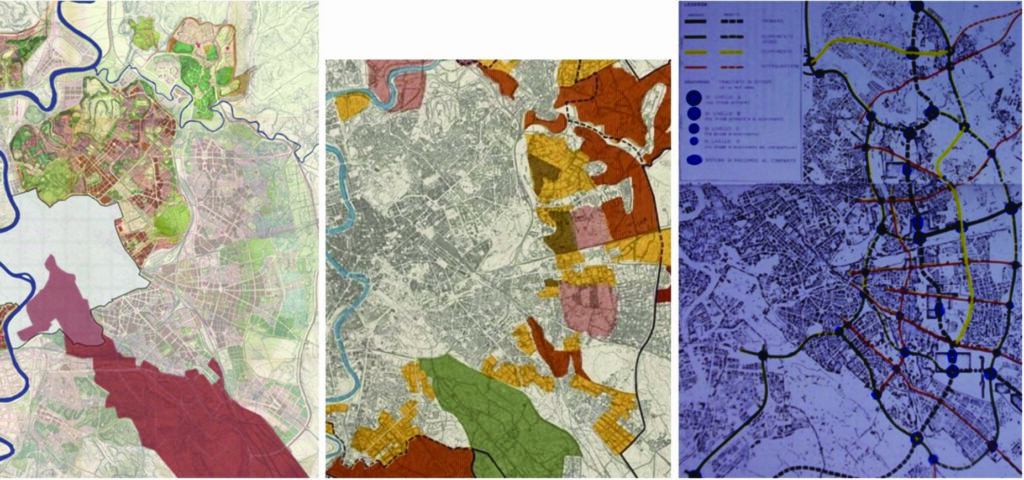 Fig. 4. Dalla struttura radiocentrica del Piano del 1931 (la prima immagine fornisce il quadro d’insieme, la seconda fornisce il dettaglio delle zone edificabili) alle previsioni per la mobilità che avrebbero supportato il Sistema Direzionale Orientale contemplato dal Prg del 1962.