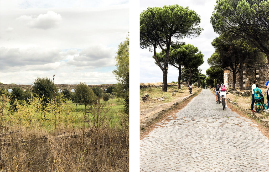 Figg. 3-4. Area di progetto per la stazione Statuario, tra la ferrovia e l’acquedotto Claudio (Parco Archeologico dell’Appia Antica - sezione Parco degli Acquedotti), e la via Appia Antica all’intersezione con via di Torricola. Foto dell’autore.