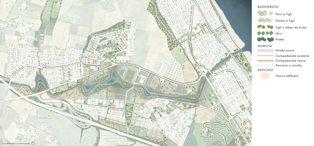 Fig. 3. La rigenerazione dell’area di Giulianova-Tortoreto (foce del fiume Salinello). Penetrazioni di spine verdi nel tessuto urbano favoriscono l’accrescimento della bioconnettività e introducono nuove modalità di spostamento nella città (piste ciclabili e pedonali). Rielaborazioni grafiche di Anna Albertini e Chiara Paolini – Laboratorio di Pianificazione SAAD UNICAM).