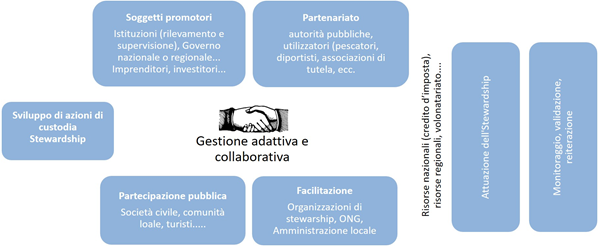 Fig. 4. Dai Contratti di Fiume ai progetti di custodia – il processo di costruzione di una stewardship partecipata (Bastiani M., Venerucci V. Interreg Coastrust, 2025).