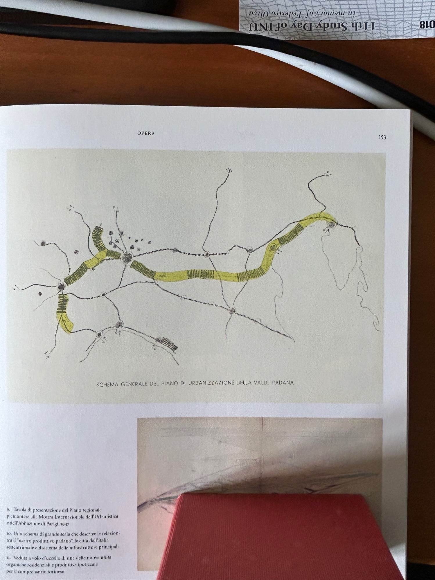 Fig. 6. ABRR (Astengo, Bianchi, Renacco, Rizzotti) Piano di urbanizzazione della Valle Padana. La città lineare con i nuclei urbanizzati segue il corso del Po.