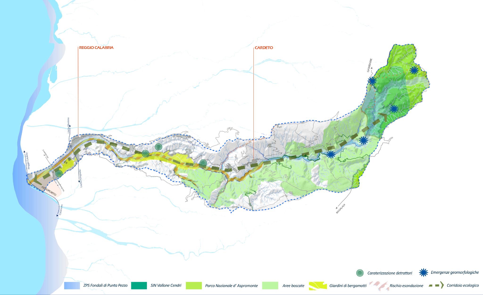 Fig. 3. Mappatura strategie del CdF Fiumara Sant’Agata. Fonte: rielaborazione da Settore 10, Città Metropolitana RC.