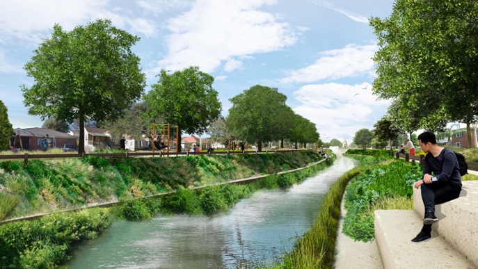 Fig. 5. Rendering di un parco giochi nei Blue & Green Corridors, New Orleans. (credit by MSMM Engineering, LLC).
