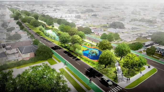 Fig. 7. Rendering di un parco nei Blue & Green Corridors, New Orleans. (credit by MSMM Engineering, LLC).