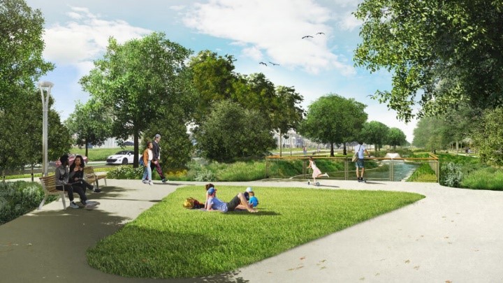 Fig. 8. Rendering di un tratto dei Blue & Green Corridors, New Orleans. (credit by MSMM Engineering, LLC).