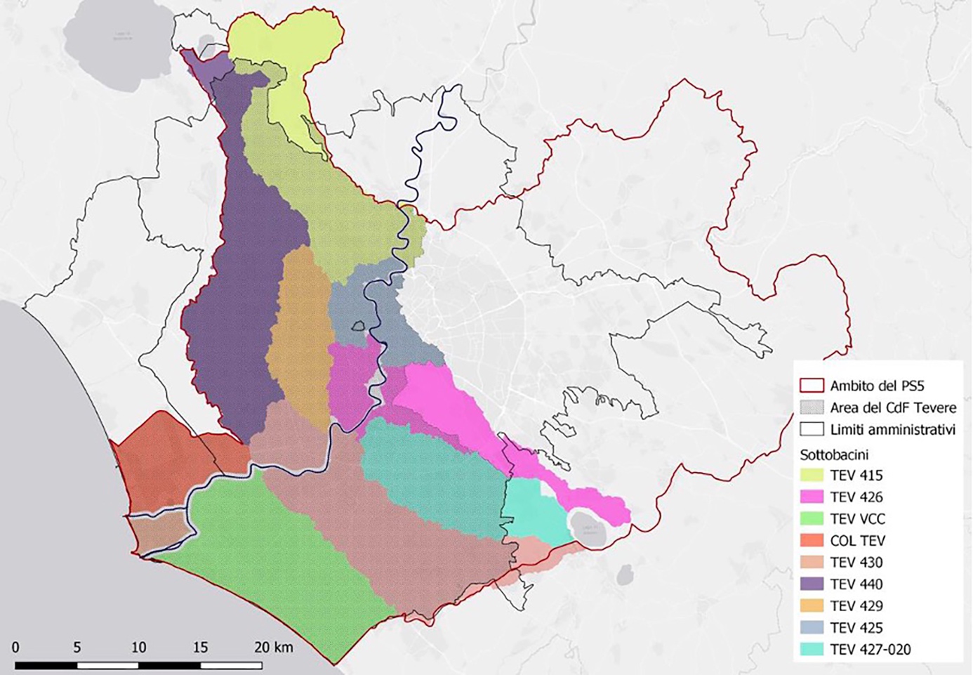 Fig. 2. Sottobacini ricadenti all’interno dell’area del Contratto di Fiume Tevere
