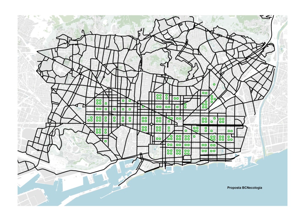 Fig. 10. Las 163 intersecciones que se convierten en plazas en el modelo de Supermanzanas. Fuente: BCNecología.