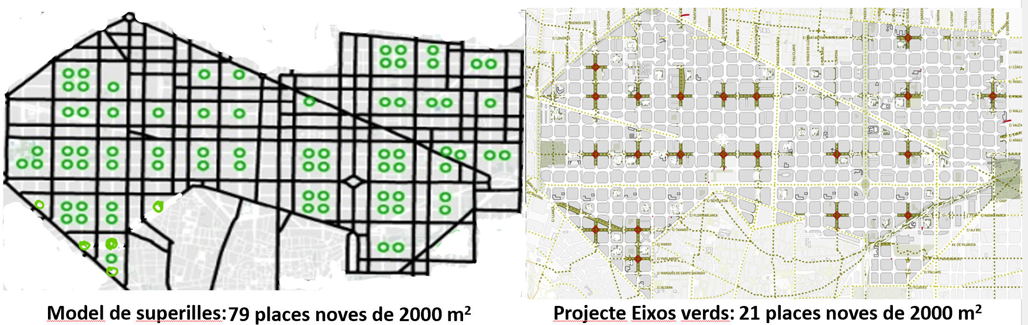 Fig. 9. Modelo de supermanzanas: 79 plazas nuevas de 2000 m2. Fuente: BCNecología.
