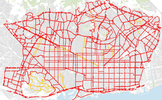 Fig.1. Calles para el tráfico rodado: escenario actual. Fuente: BCNecología.