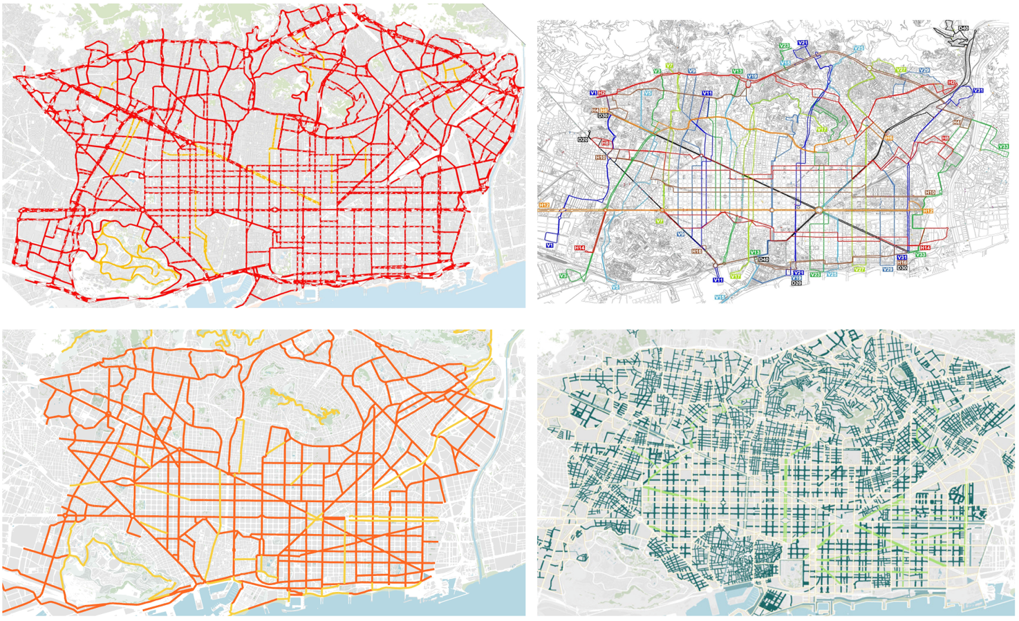Fig. 23 Redes de transporte integradas en el perímetro de las supermanzanas para el coche, el transporte público (arriba a la derecha), la bicicleta (abajo a la izquierda) y los desplazamientos a pie (abajo a la derecha).